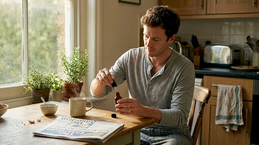 Man using CBD oil at sunlit kitchen table