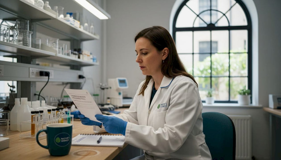 Lab technician reviewing CBD test paperwork
