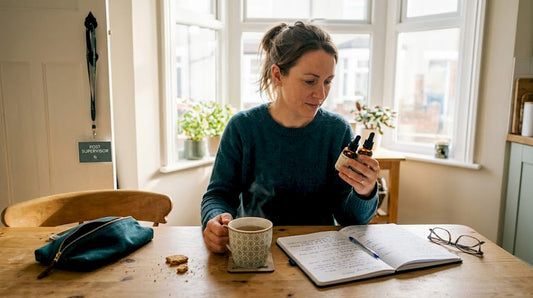 Woman reading CBD product labels in kitchen