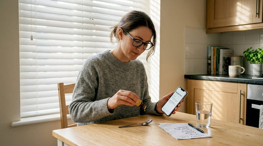 Woman measuring CBD oil in calm kitchen