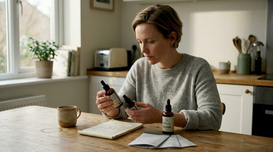 Woman comparing CBD oil brands in kitchen
