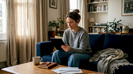 Woman browsing CBD reviews at home