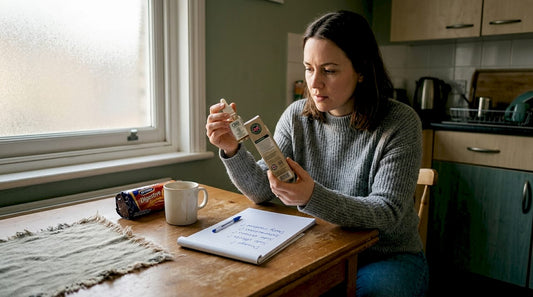 Woman inspecting CBD label at kitchen table