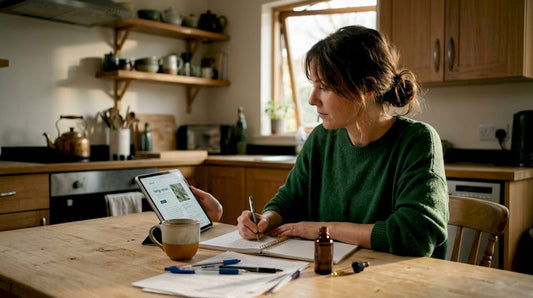Woman researching hemp extract in cozy kitchen