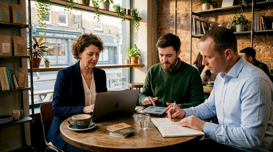 Professionals working at glass table with devices