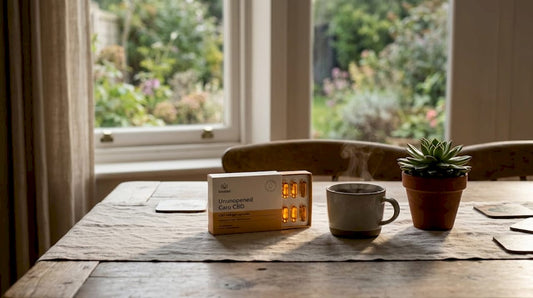 CBD soft gel capsules on kitchen counter