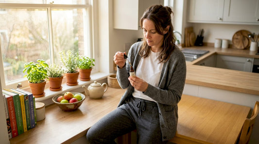Woman reading CBD tincture in UK kitchen