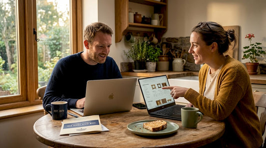 Two people compare CBD alternatives at kitchen table