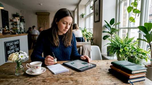 Woman reviewing CBG product label at home