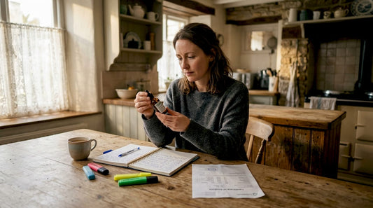 Woman reading cannabis oil label in kitchen