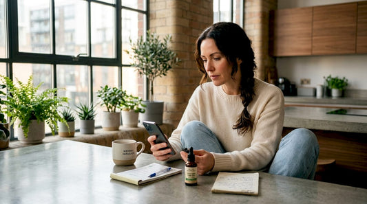 Woman reviews CBD checklist in home kitchen