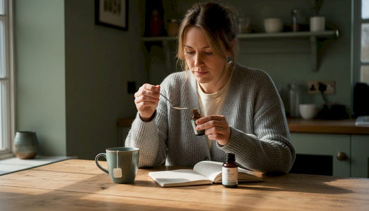 Woman measuring CBD tincture at kitchen table