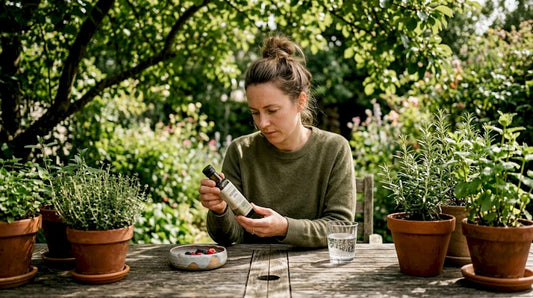 Woman reading hemp oil label at kitchen table
