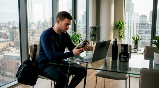 Athlete reading CBD isolate bottle at kitchen table