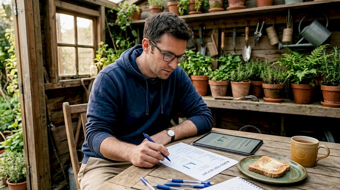 Man reviews blood test and cbd info at kitchen table