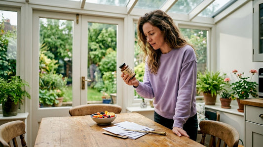 Woman reads CBD vitamin label in kitchen