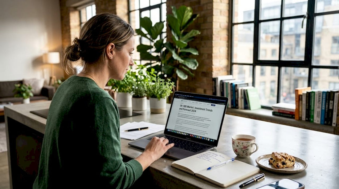 Businesswoman researching CBD market at kitchen table