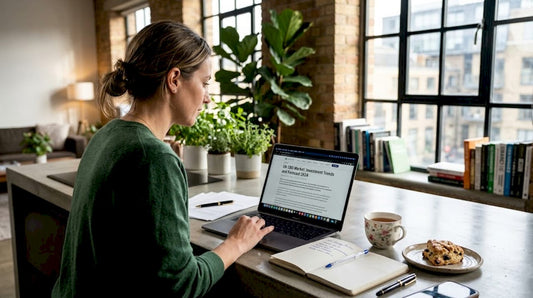 Businesswoman researching CBD market at kitchen table