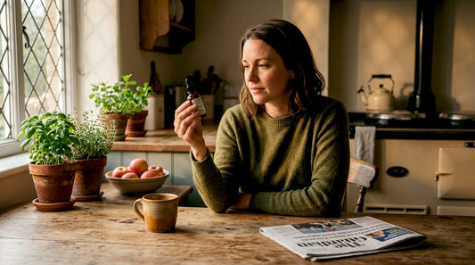 Woman reading cannabinoid oil at kitchen table