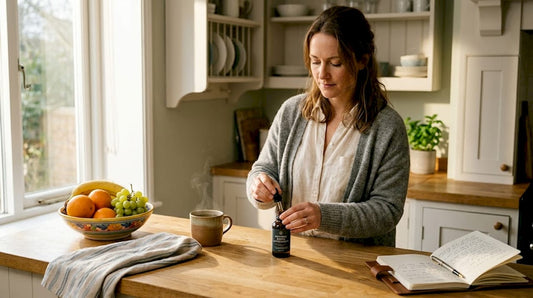 Woman preparing biotin and collagen drops in kitchen