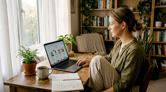 Woman researching CBD products on laptop at home