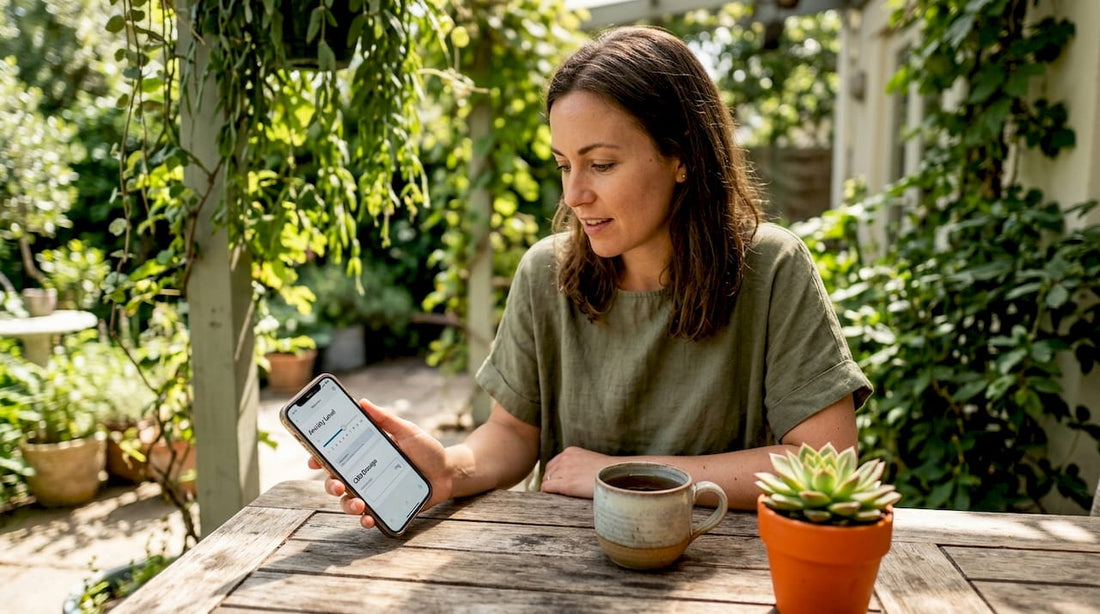 Woman logging CBD dosage on smartphone in kitchen