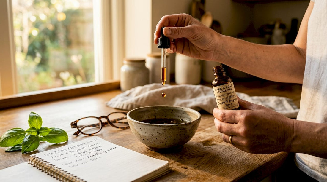 Hand holding tincture dropper releasing drop into measuring cup