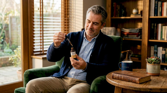 Man using CBD tincture at home relaxed