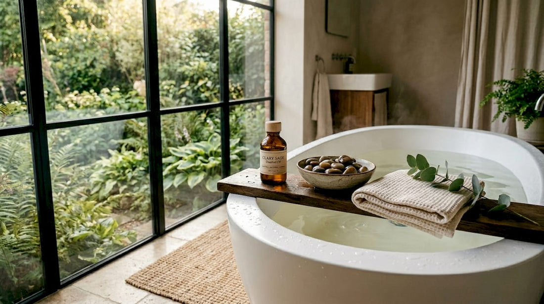 Clary sage essential oil beside a relaxing bathtub