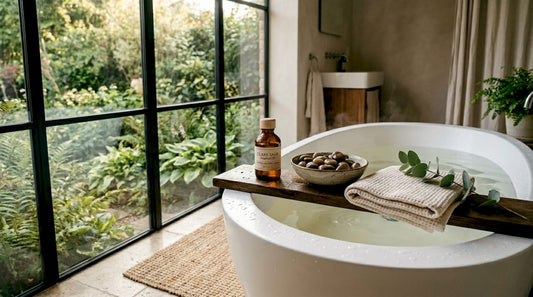 Clary sage essential oil beside a relaxing bathtub