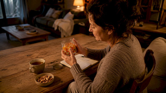 Woman examining container of CBD gummies at kitchen table
