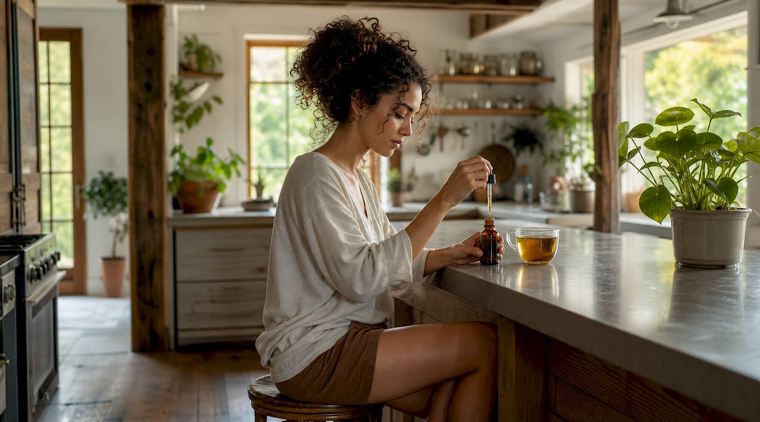 Woman measuring CBD oil for daily wellness