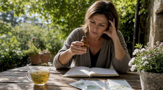 Woman examining CBD oil bottle at kitchen table