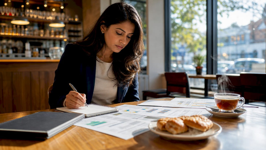 Woman reviewing CBD product comparison notes at desk