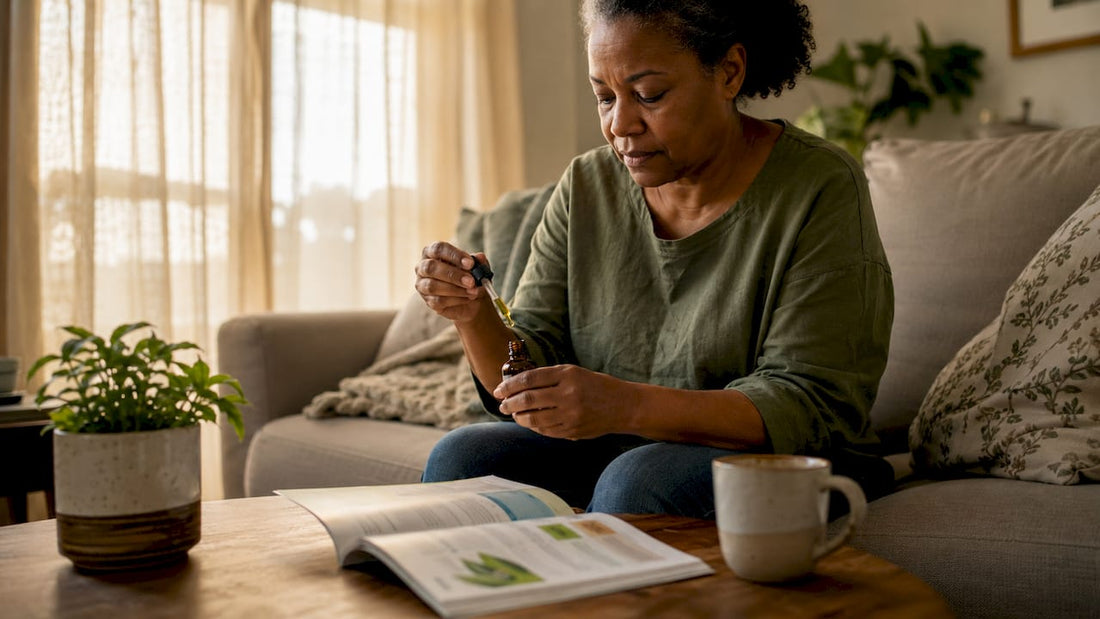 Woman measuring CBD oil dose at kitchen table