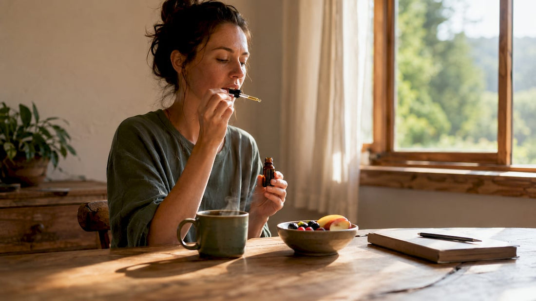 Woman tasting natural CBD oil at kitchen counter