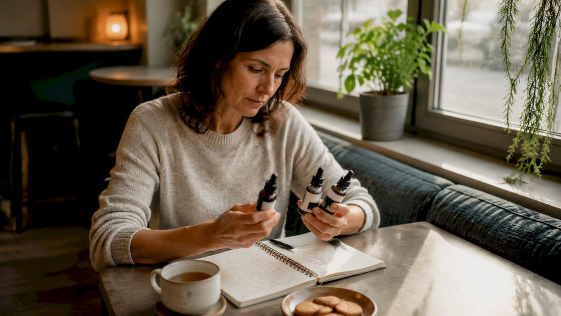 Woman comparing CBD tinctures at home table