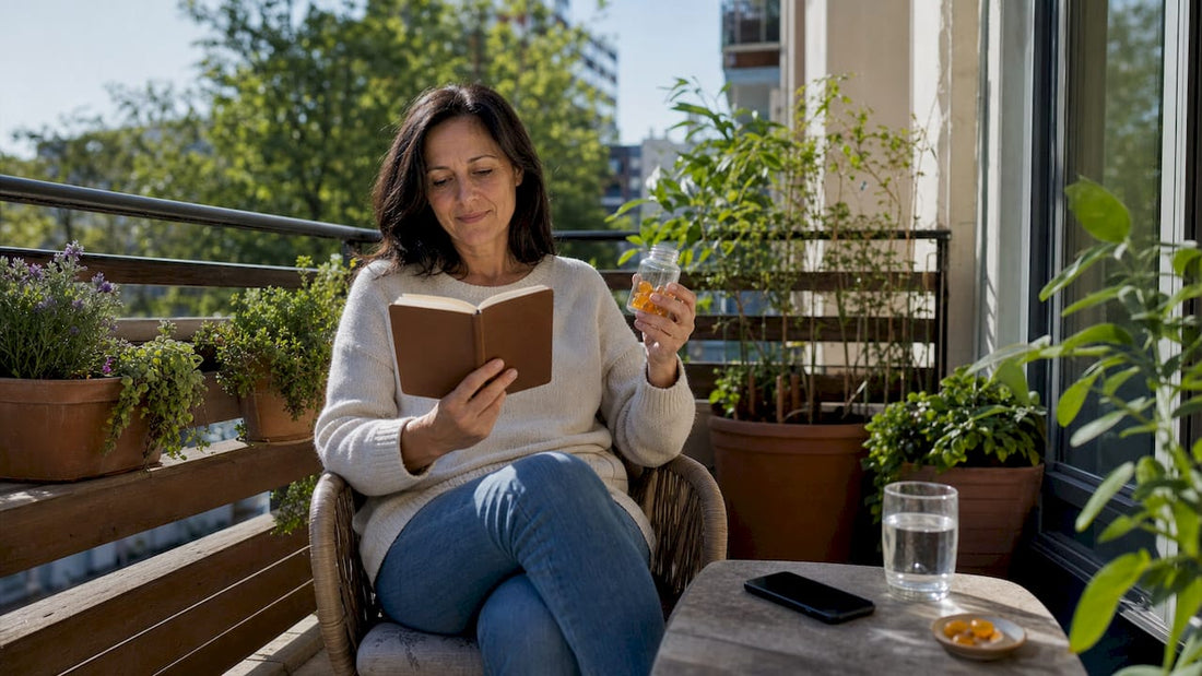 Woman tracking CBD gummies timing at kitchen table