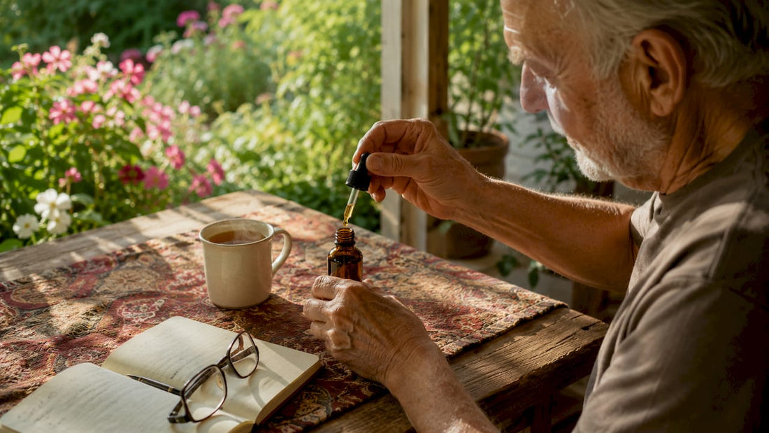 Senior measuring CBD tincture dosage at home