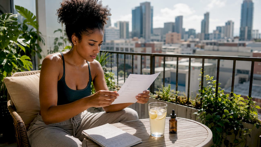 Woman reading CBD beginner checklist at kitchen table