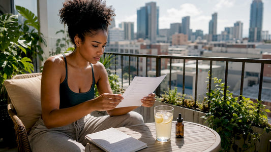 Woman reading CBD beginner checklist at kitchen table