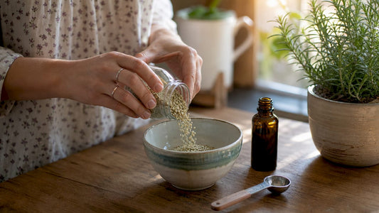 Hands preparing organic hemp seeds in kitchen
