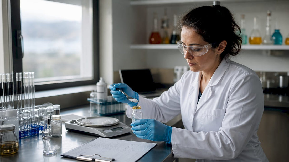Chemist handling pure cannabidiol isolate in lab