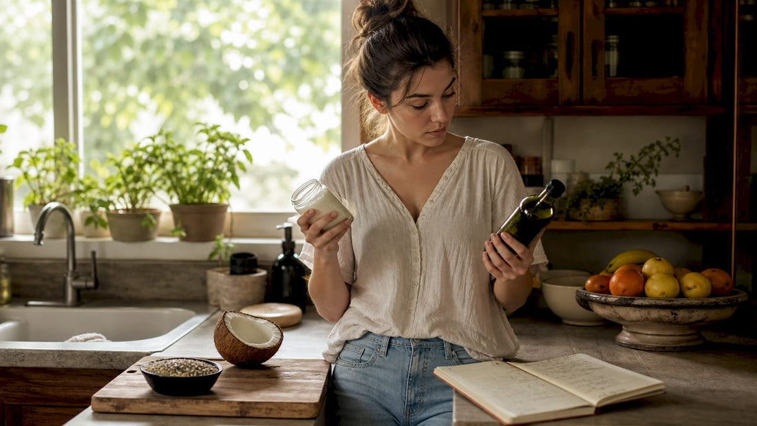 Woman comparing coconut oil and hemp oil jars