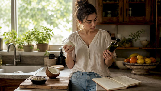 Woman comparing coconut oil and hemp oil jars
