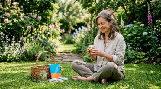 Woman starting morning wellness with CBD gummies outdoors