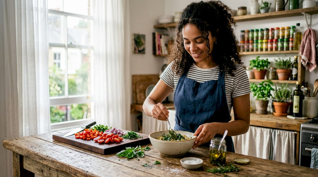 Woman preparing homemade CBD infused oil in kitchen