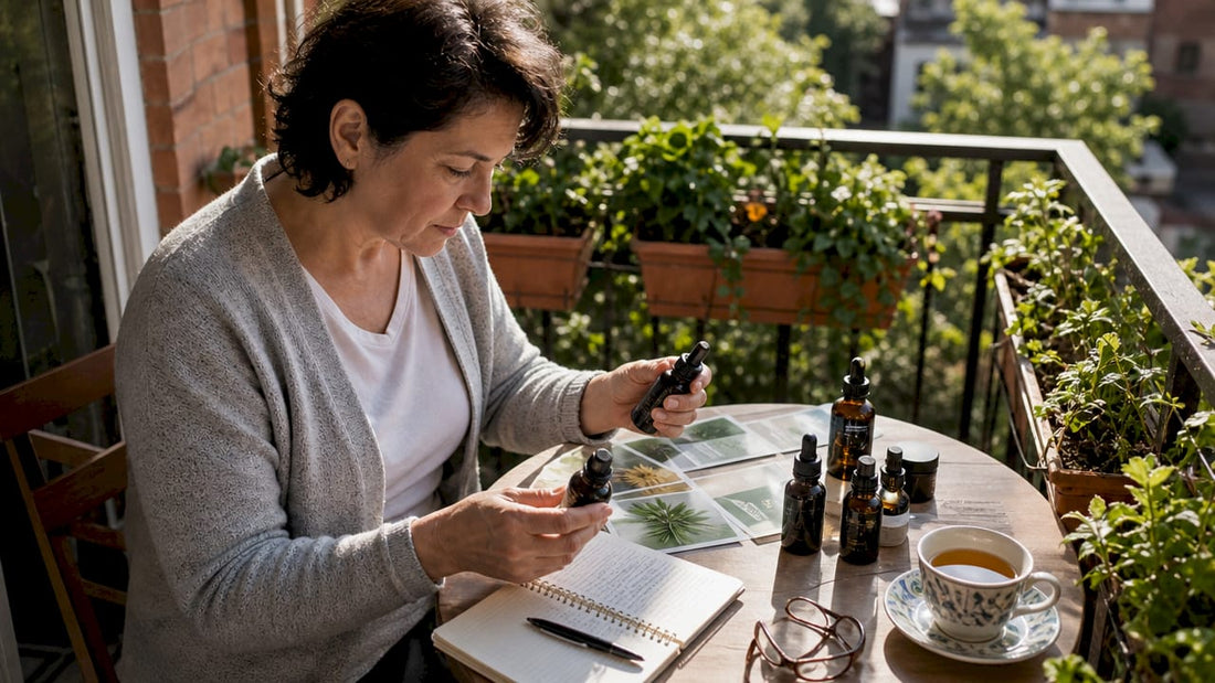 Person comparing CBD oil products at home table