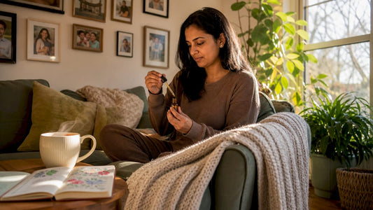 Woman using spectrum oil at home table