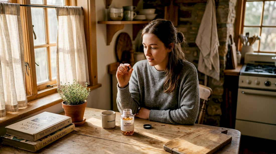 Woman examining bottle of CBD soft gels at kitchen table